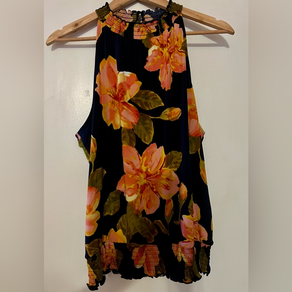 CROSBY WOMENS SMOCKED HALTER TANK TOP NAVY HIBISCUS LARGE